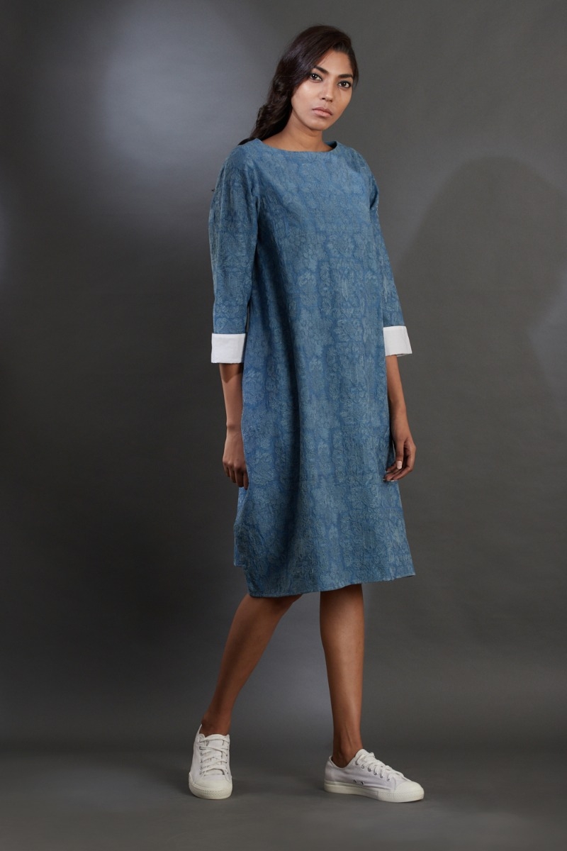 ABRAHAM AND THAKORE | Handwoven Mangalagiri Cotton Embroidered Dress