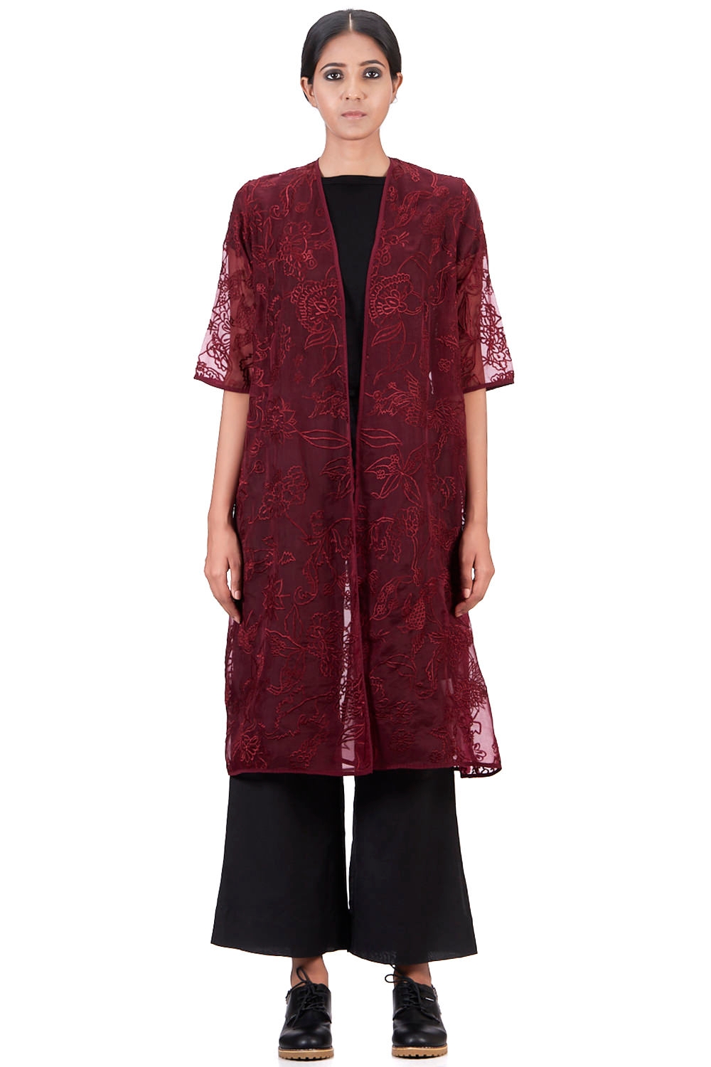 ABRAHAM AND THAKORE | Embroidered Floral Organza Jacket Wine