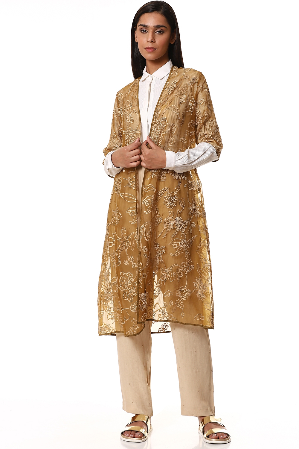 ABRAHAM AND THAKORE | Embroidered Floral Organza Jacket Brown