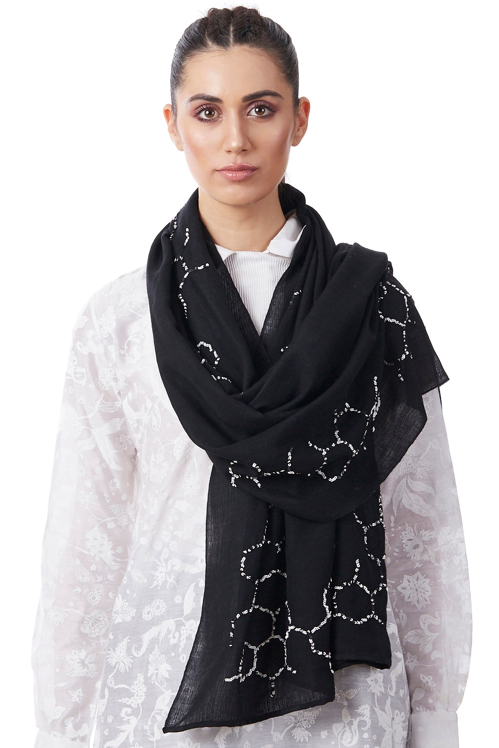 ABRAHAM AND THAKORE | Sequin Hand Embroidered Geometric Scarf