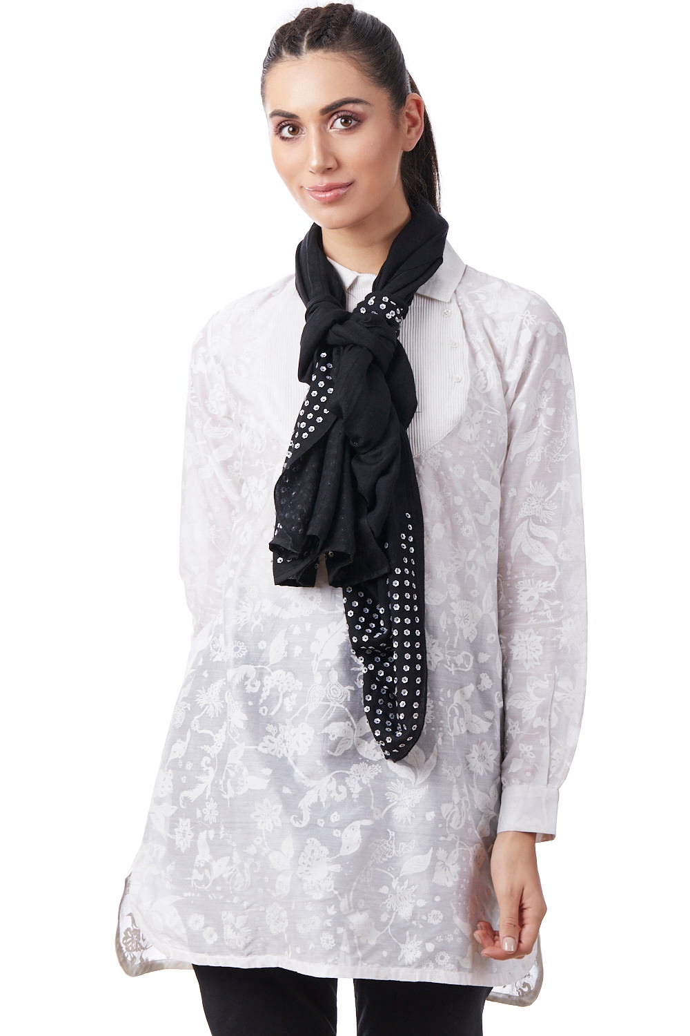 ABRAHAM AND THAKORE | Floral Sequin Hand Embroidered Scarf