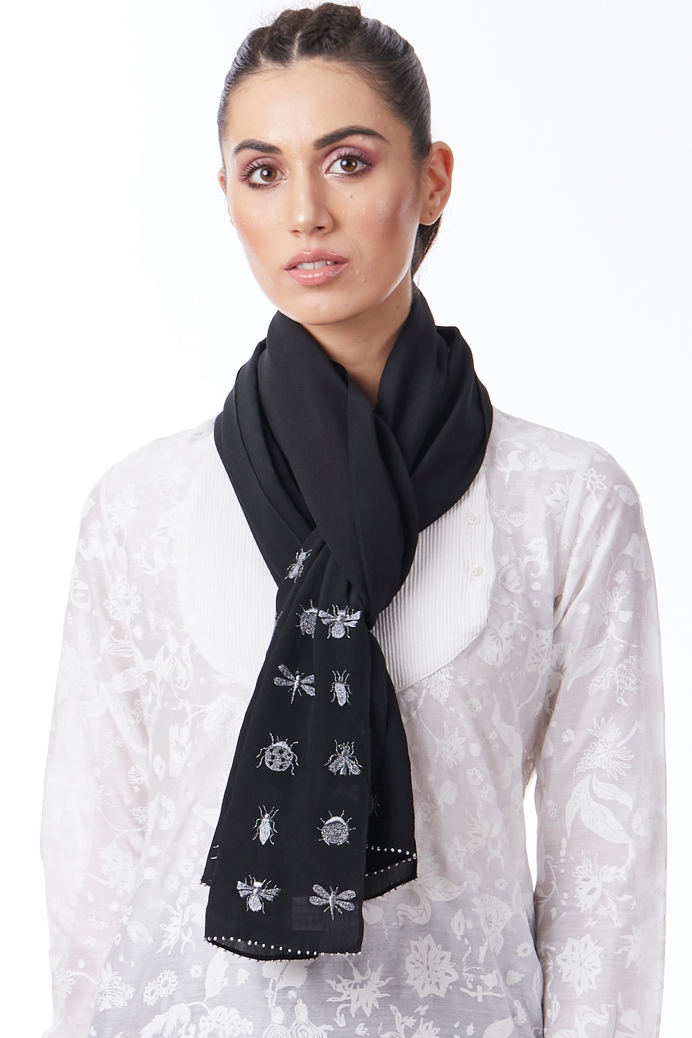 ABRAHAM AND THAKORE | Embroidered Insects Silk Scarf
