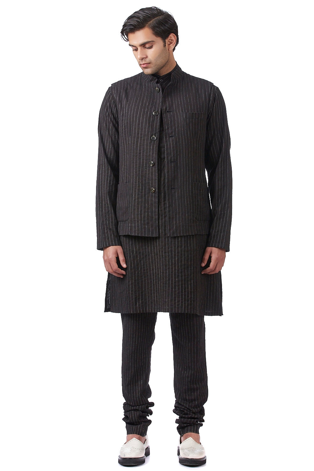 ABRAHAM AND THAKORE | Classic Bundi With Embroidered Pinstripes Black