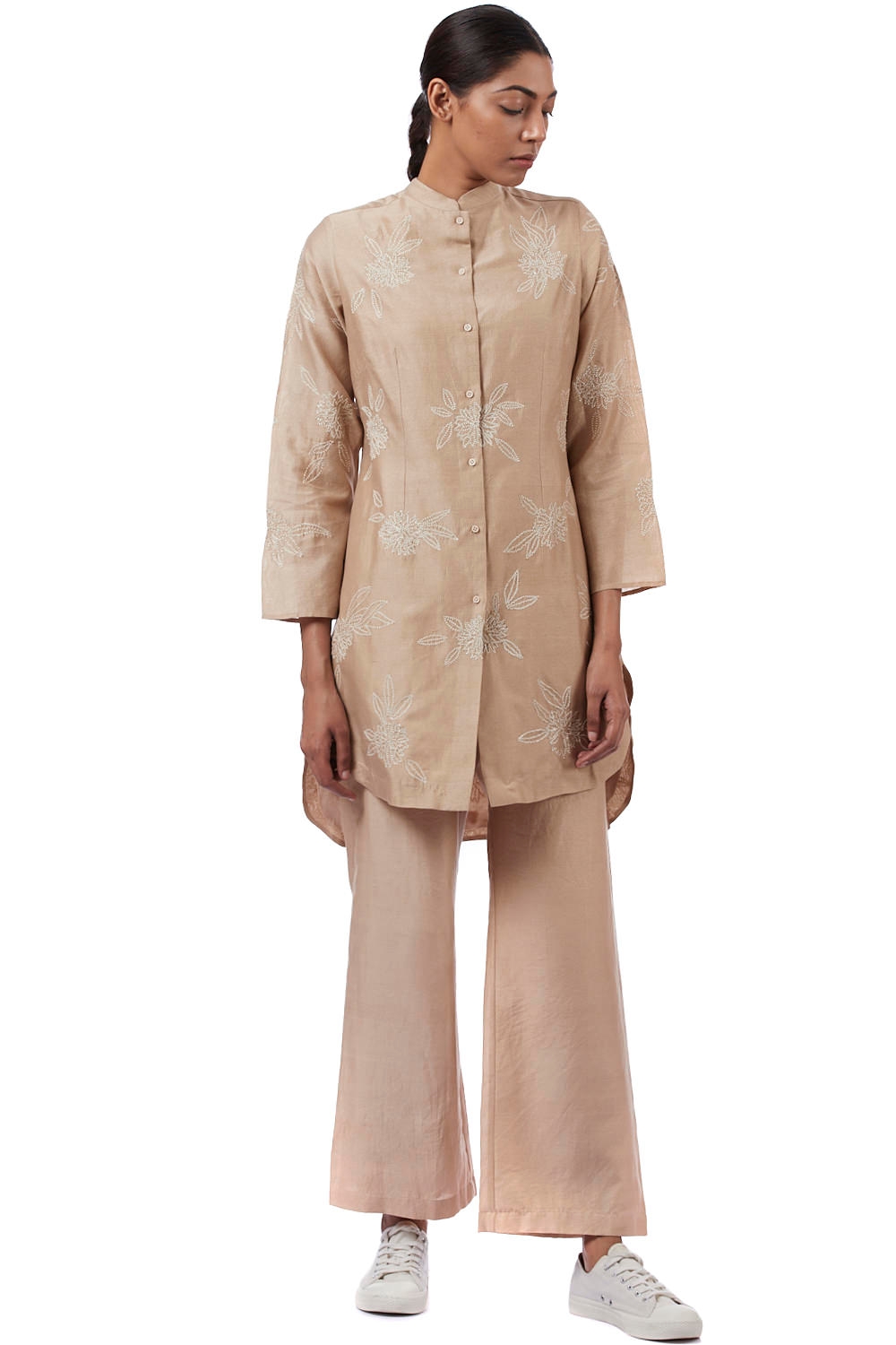 ABRAHAM AND THAKORE | Sequin Embroidered Floral Maheshwar Shirt Beige