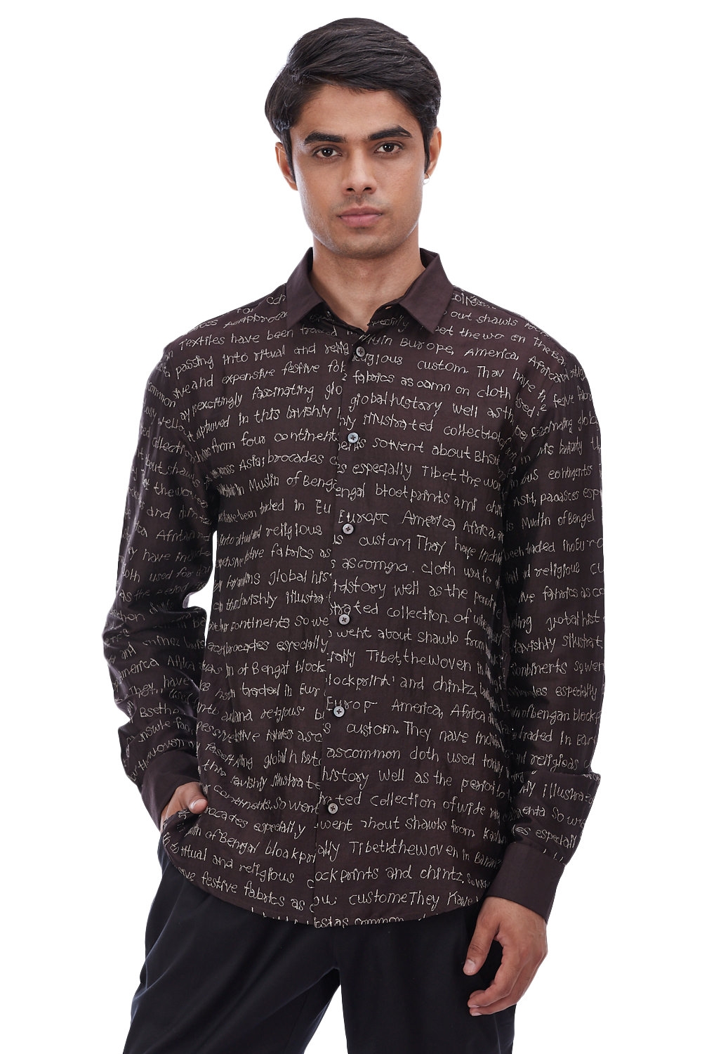 ABRAHAM AND THAKORE | Calligraphy Embroidered Brown Cotton Shirt