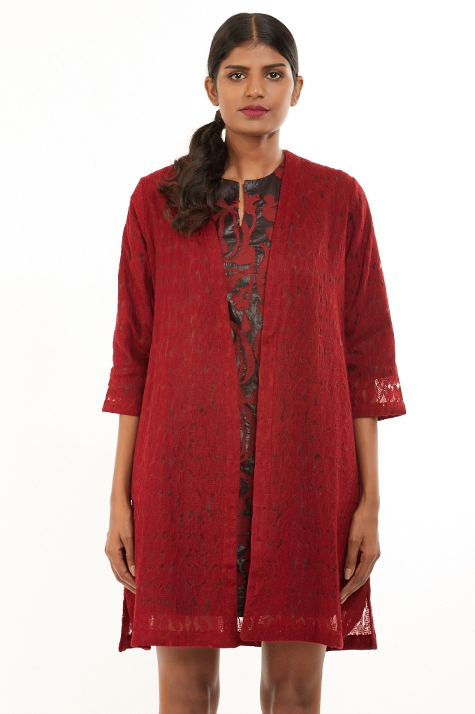 ABRAHAM AND THAKORE | Jaal Leaf Embroidered Kimono Jacket Red