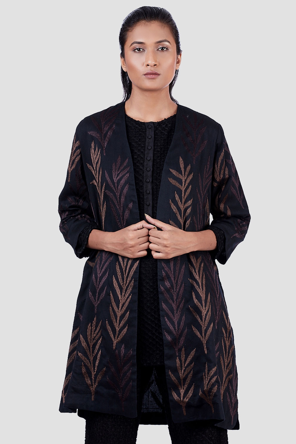 ABRAHAM AND THAKORE | Daal Embroidered Leaf Silk Kimono Jacket