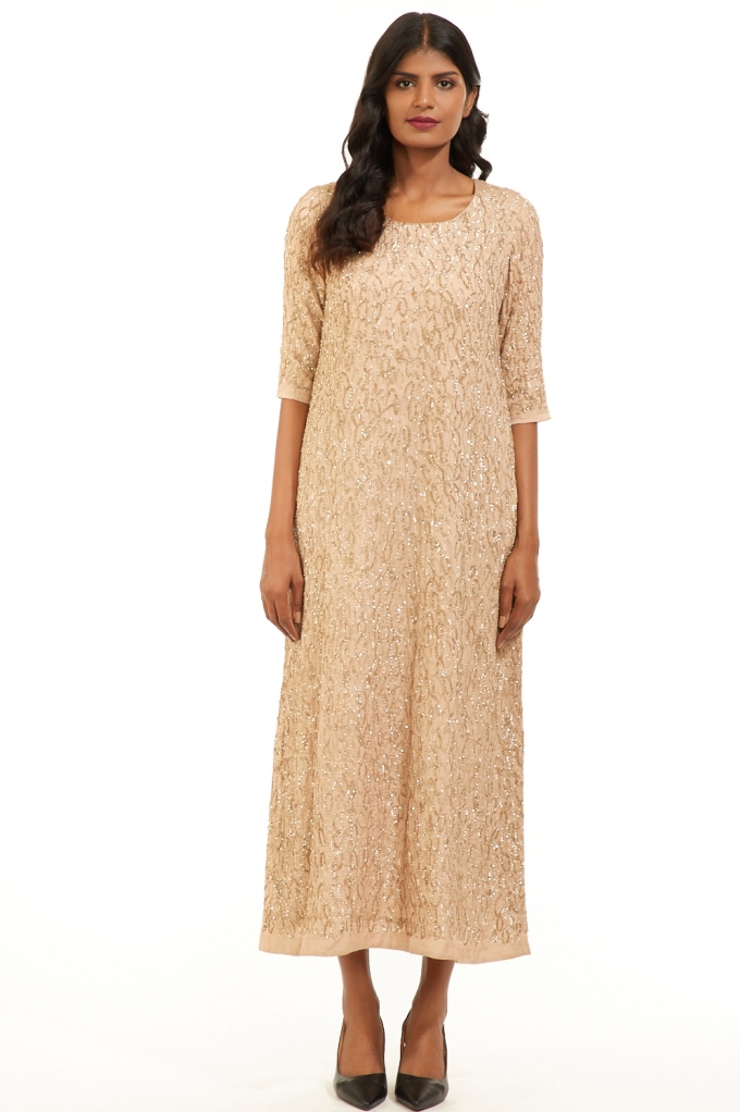 ABRAHAM AND THAKORE | Jugnu Hand Embroidered Sequined Long Dress Beige