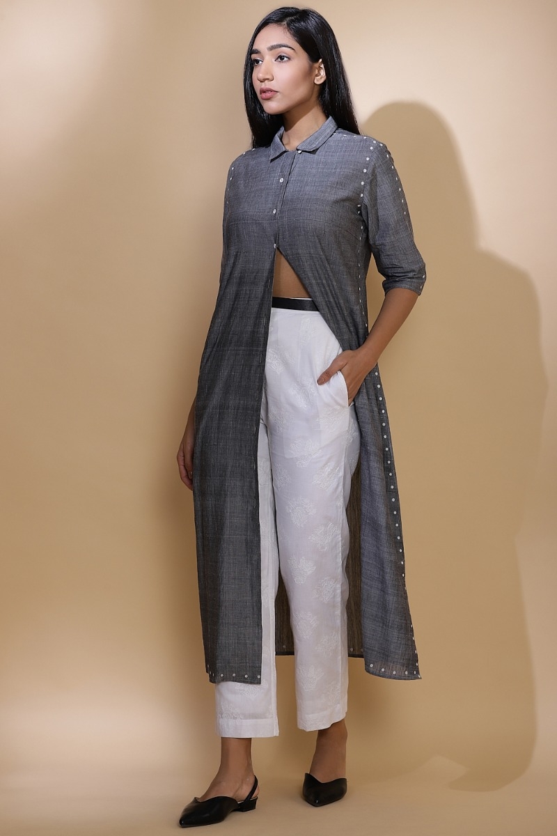 ABRAHAM AND THAKORE | Handwoven Dot Embroidered Long Shirt Dress