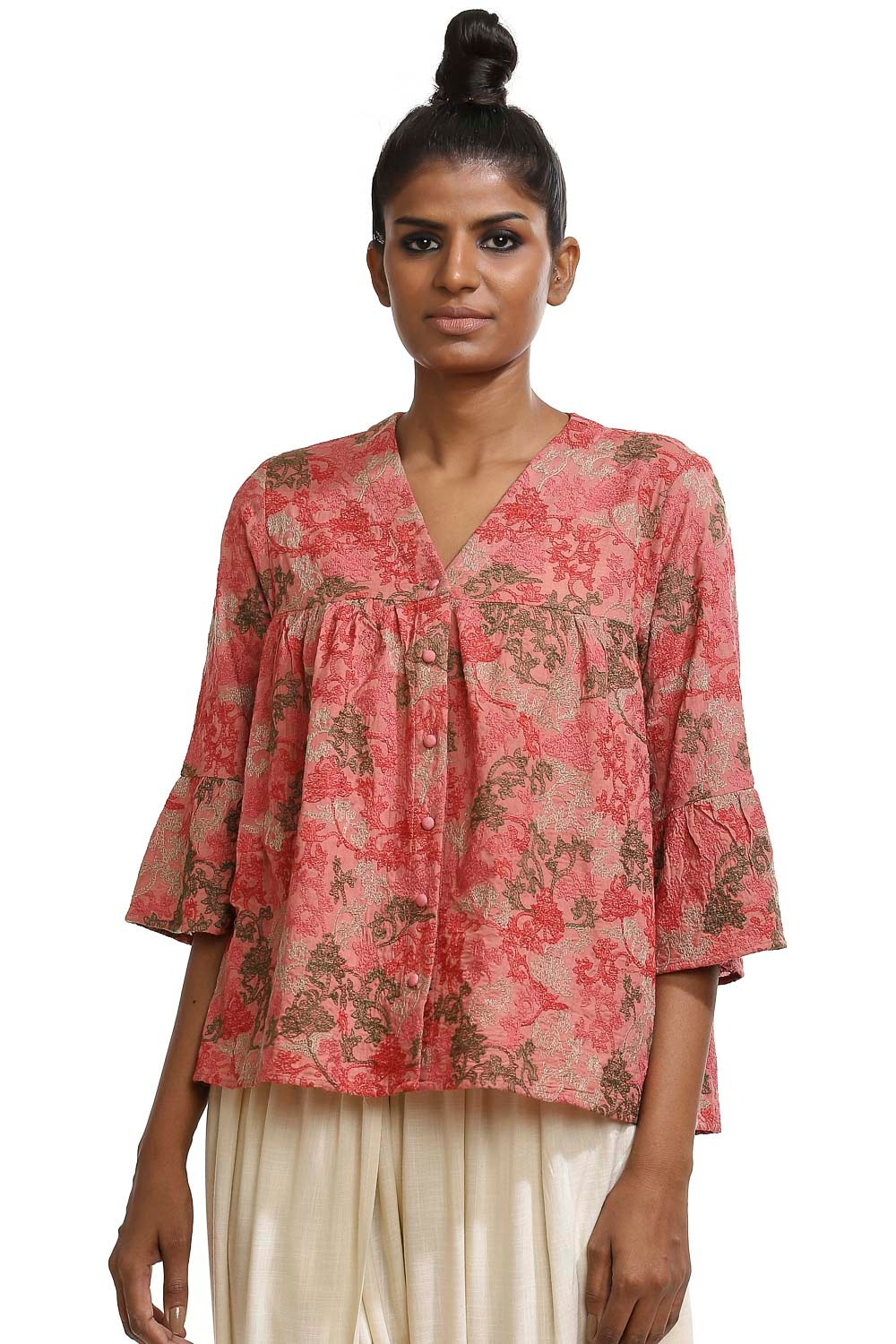 ABRAHAM AND THAKORE | Embroidered Mughal Floral Kedia Top
