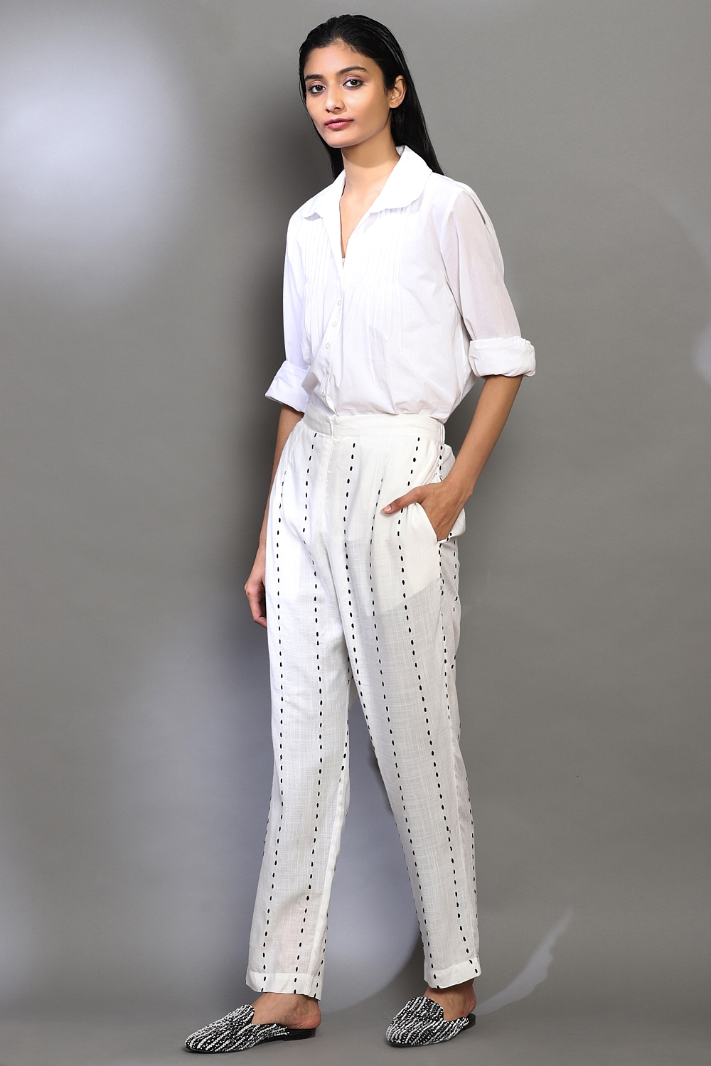 ABRAHAM AND THAKORE | Engineered Stab Stich Tapered Pants White