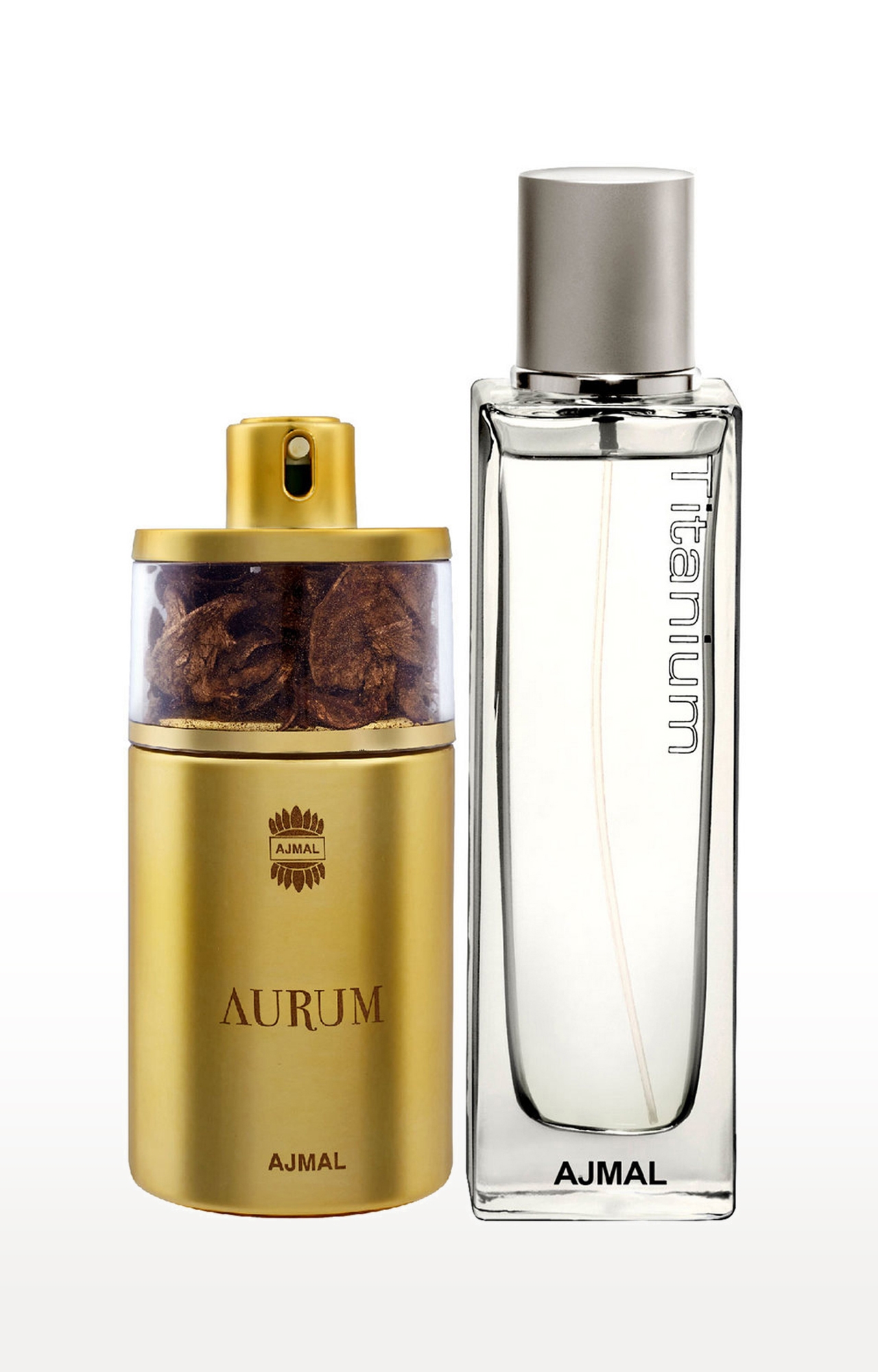 Ajmal | Ajmal Aurum EDP Fruity Floral Perfume 75ml for Women and Titanium EDP Citrus Spicy Perfume 100ml for Men + 2 Parfum Testers FREE