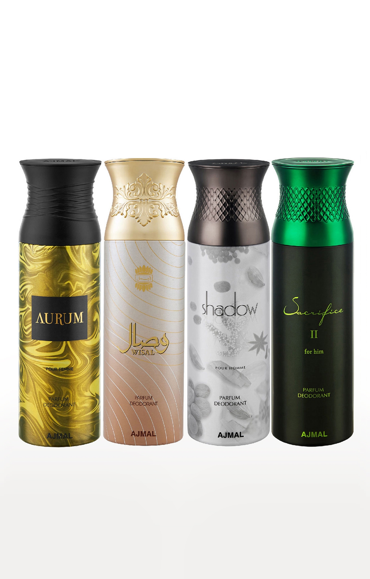 Ajmal Aurum & Wisal & Shahdow Homme & SacrificeIIHim Deodorant Spray- For Men (200 ml, Pack of 4)