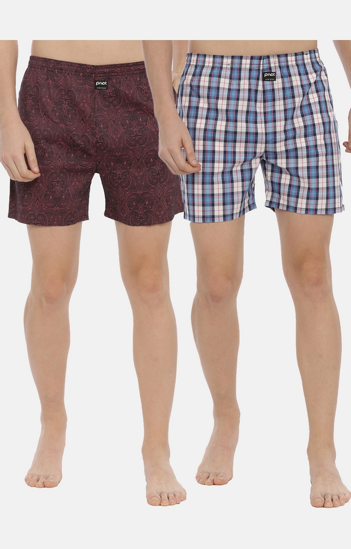 PIVOT | Maroon & Blue Cotton Boxers - Pack of 2