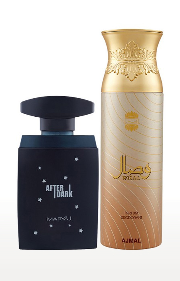 Maryaj After Dark Eau De Parfum Perfume 100ml for Men and Ajmal Wisal Deodorant Musky Fragrance 200ml for Women