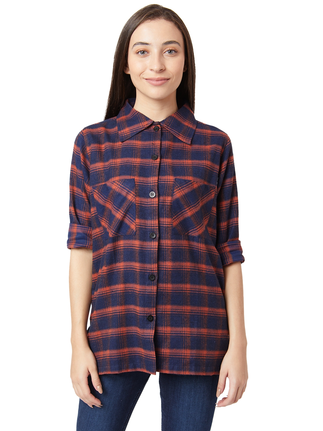 Smarty Pants | Smarty Pants women's cotton wool rusty maroon color checkered long line shirt.