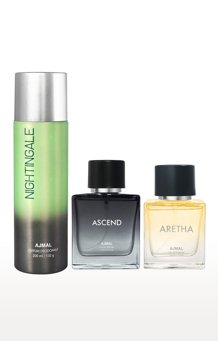 Ajmal Ascend EDP 100ml & Nightingale High Quality Deodorant 200ml for Men & Women and Aretha EDP 50 ml for Women Combo pack of 3 (Total 350ml) 