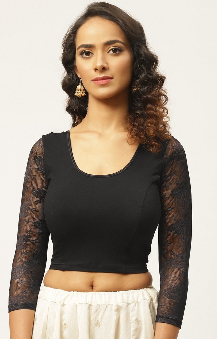 Vastranand | VASTRANAND Women Black Cotton Solid Lace Detail Stretchable Saree Blouse