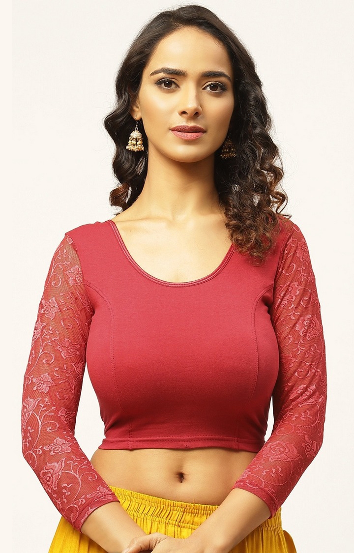 Vastranand | VASTRANAND Women Maroon Solid Stretchable Saree Blouse With Lace Detail