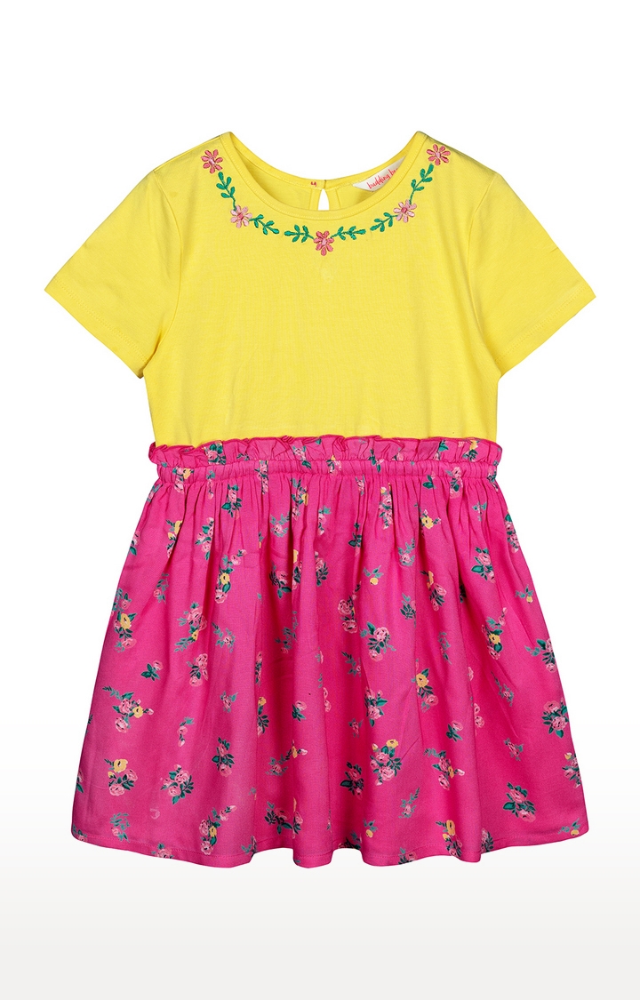 Budding Bees | Yellow and Pink Embroidered Dress