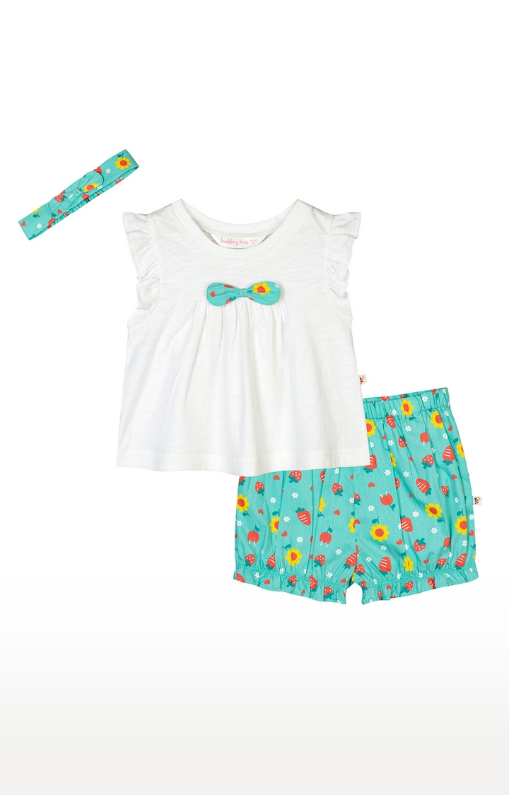 Budding Bees White Top-Short Set With Hairband