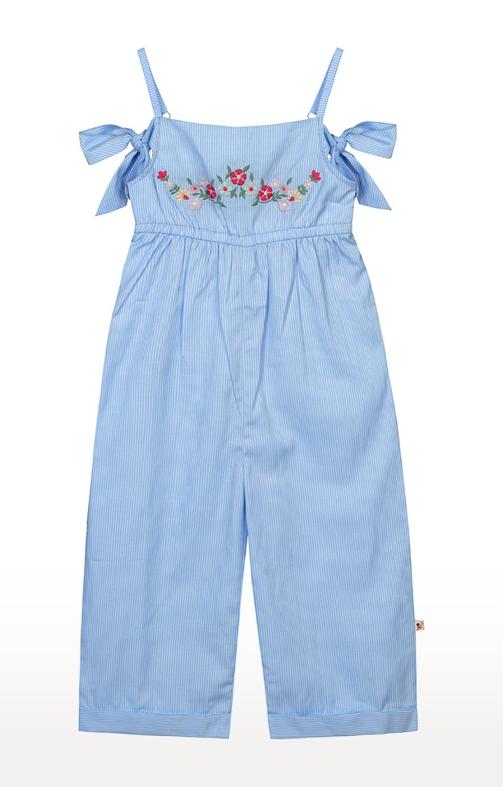 Budding Bees Girls Blue Striped With Embroidered Jumpsuit
