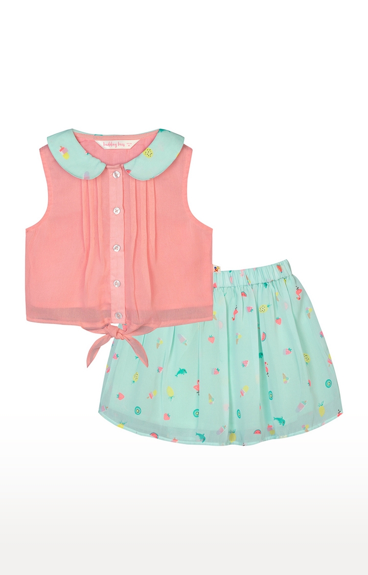 Budding Bees | Budding Bees Baby Girls Peach and Green Peterpen Top With Skirt Set
