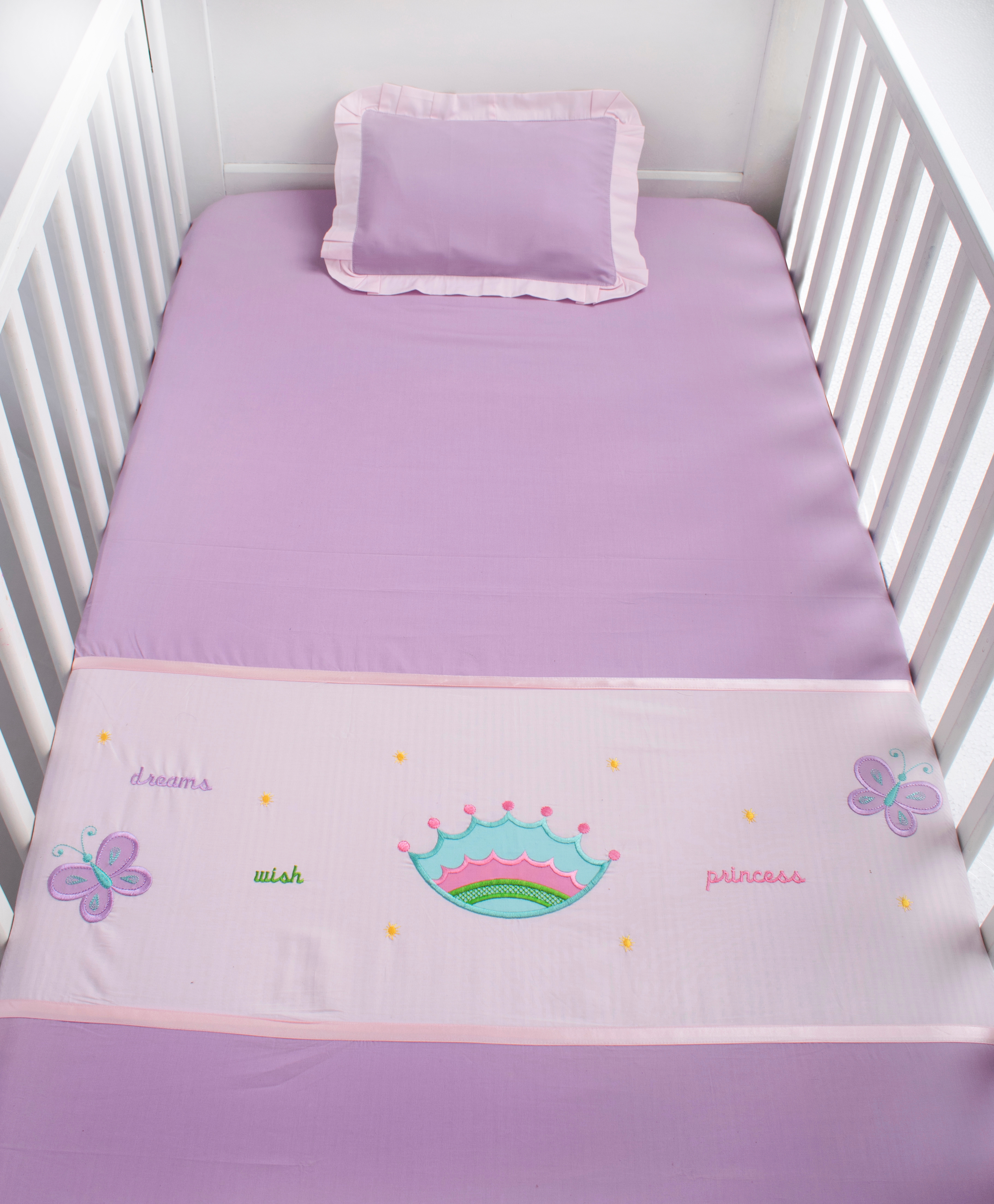 Blooming Buds | Cotton Baby Cot Sheet with Pillow Cover - Princess Crown embroidery
