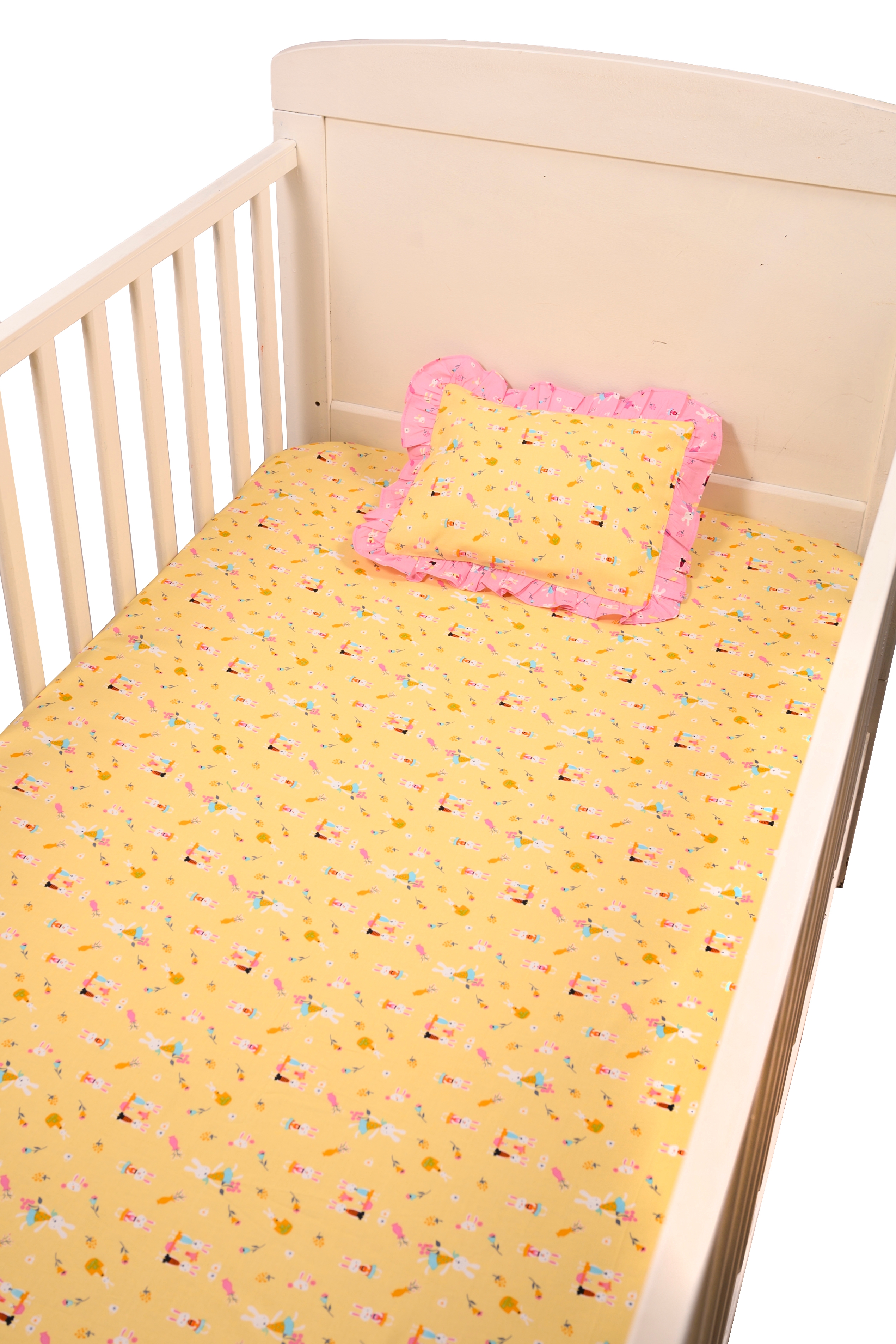 Blooming Buds | Cot Sheet with Pillow Cover - Yellow Rabbit