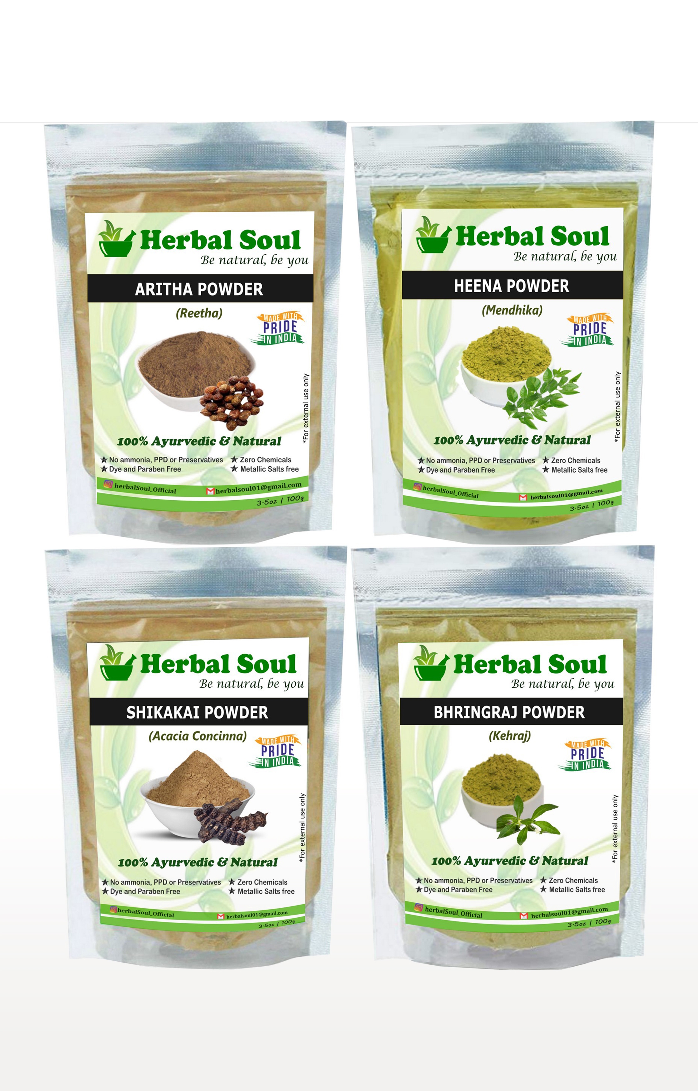 Herbal Soul Combo Of Reetha  Powder + Shikakai  Powder + Henna  Powder + Bhringraj  Powder | 400 gm