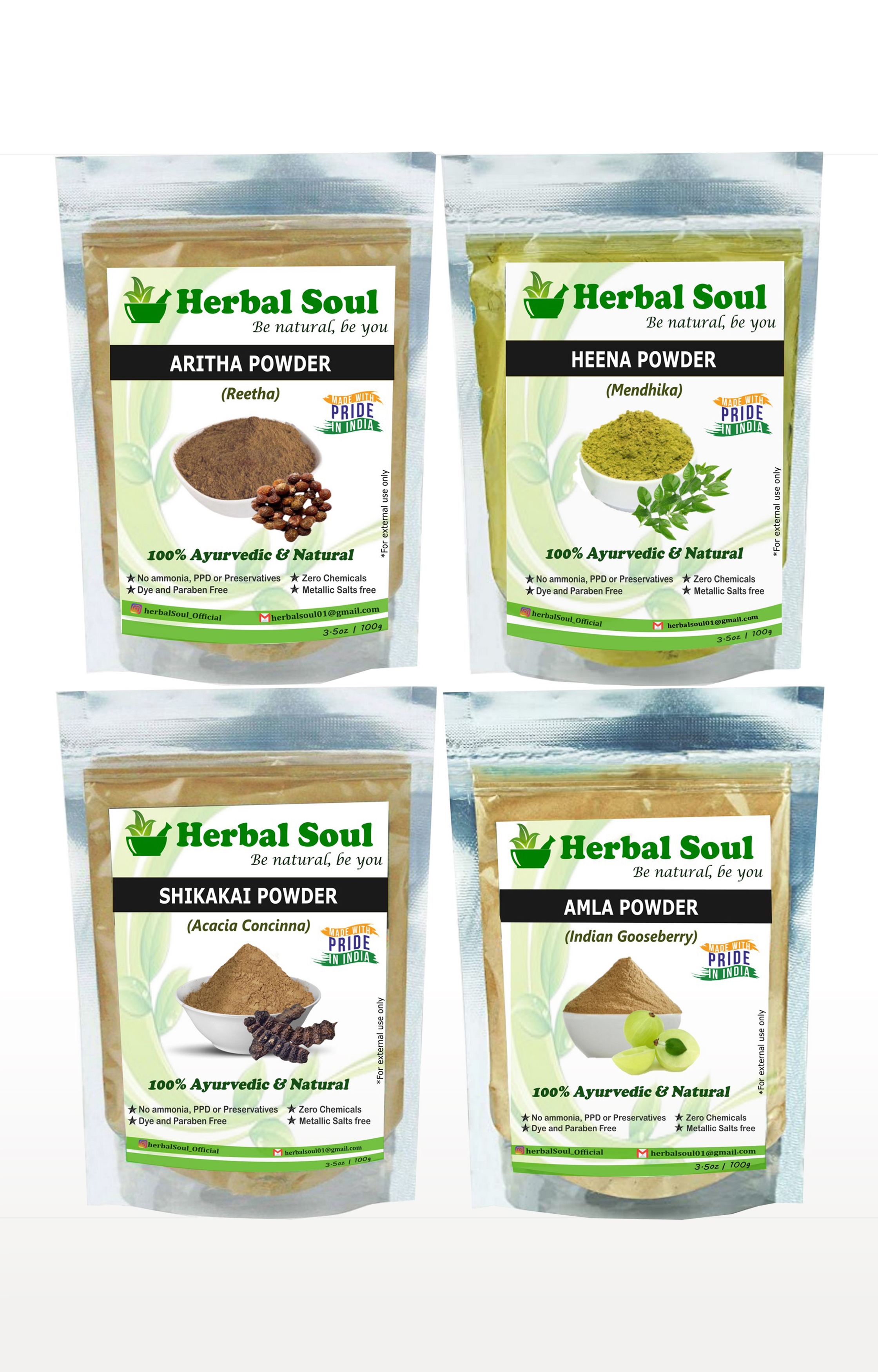Herbal Soul Combo Of Reetha  Powder + Shikakai  Powder + Henna  Powder + Amla  Powder | 400 gm