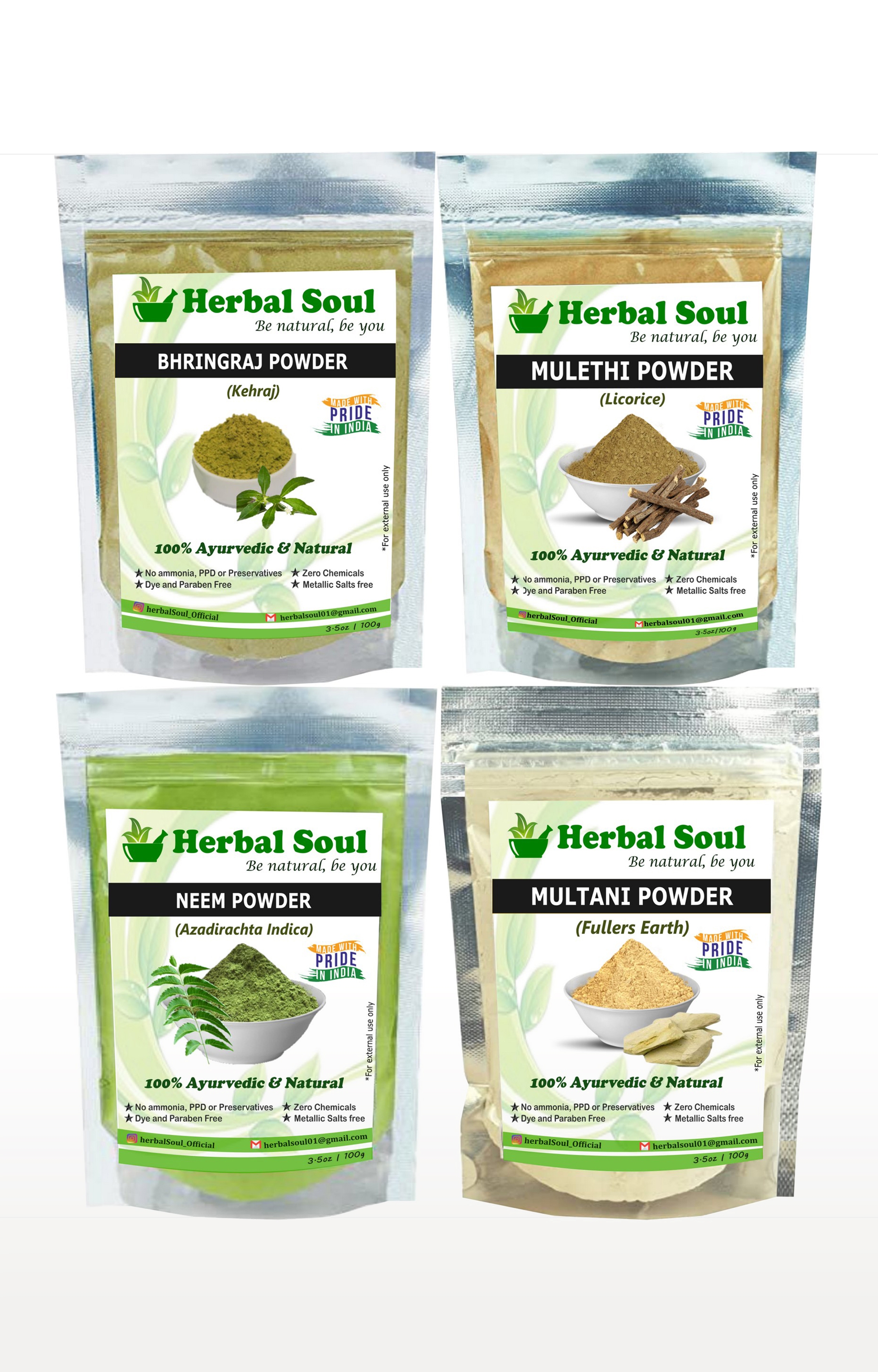 Herbal Soul | Herbal Soul Combo Of Neem  Powder + Multani  Powder + Mulethi  Powder + Bhringraj  Powder | 400 gm