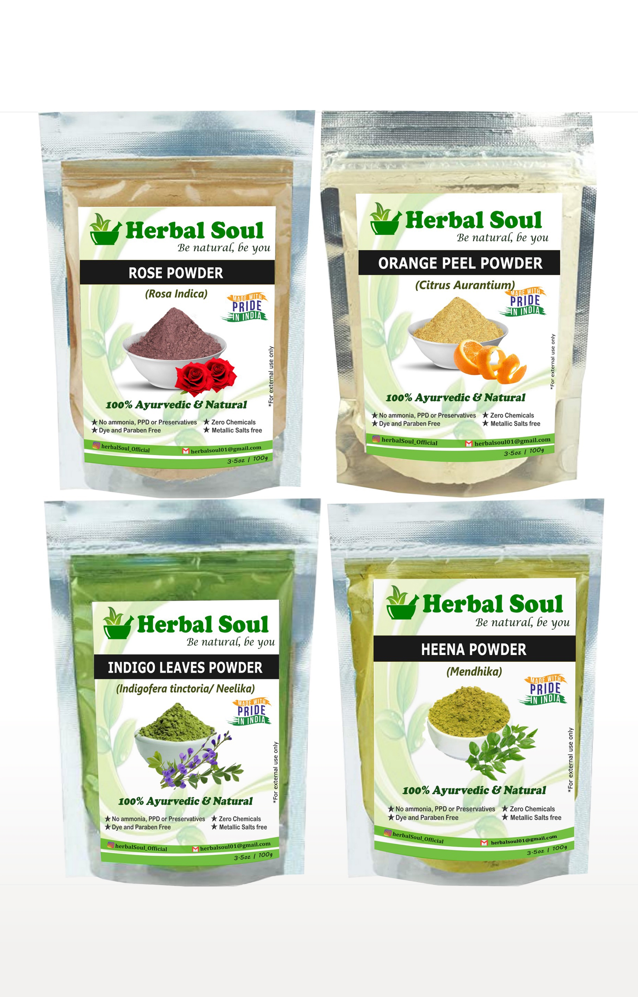 Herbal Soul Combo Of Rose Powder + Orange Peel  Powder + Indigo  Powder + Henna  Powder | 400 gm