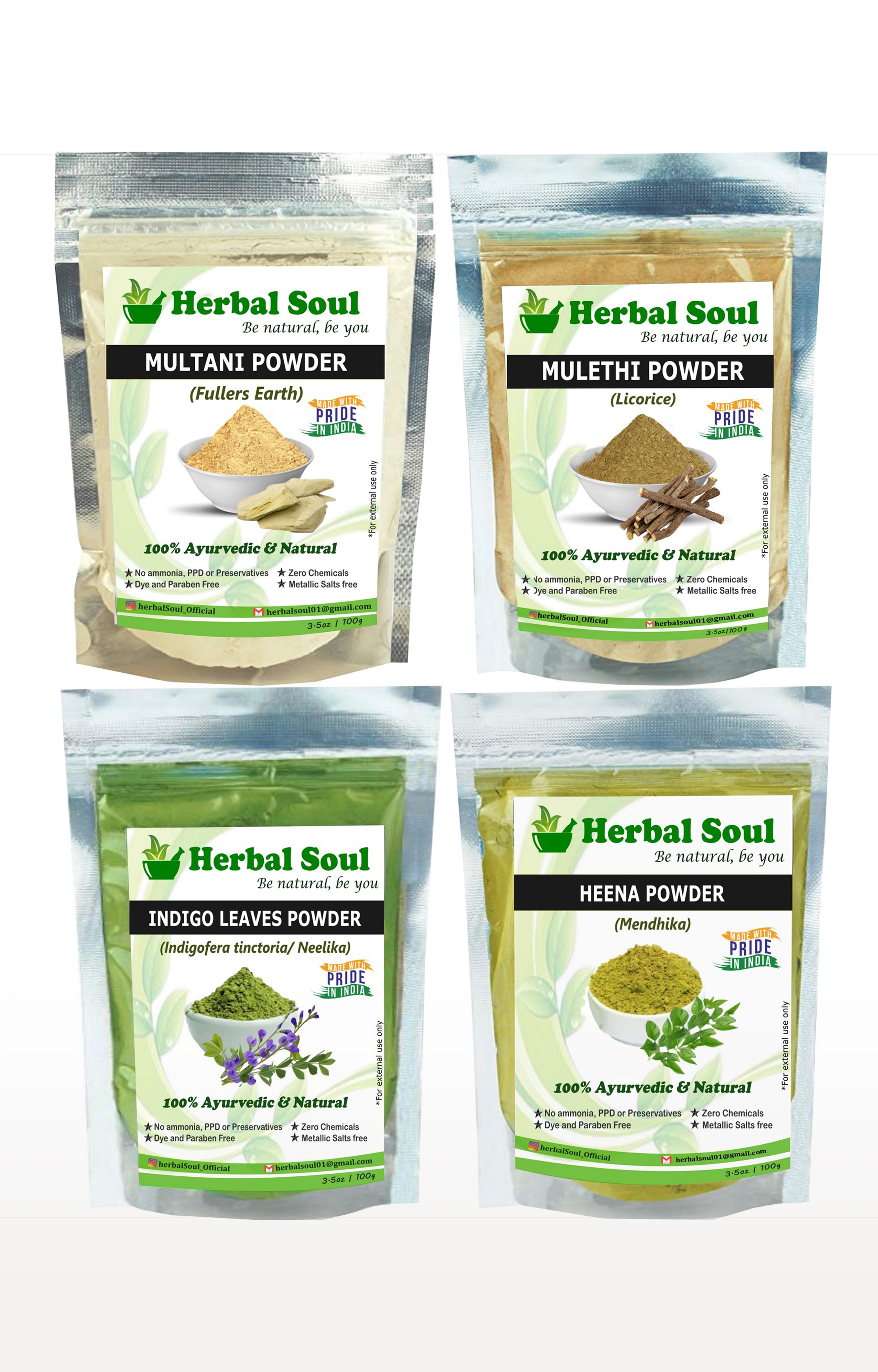 Herbal Soul | Herbal Soul Combo Of Multani  Powder + Mulethi  Powder + Indigo  Powder + Henna  Powder | 400 gm