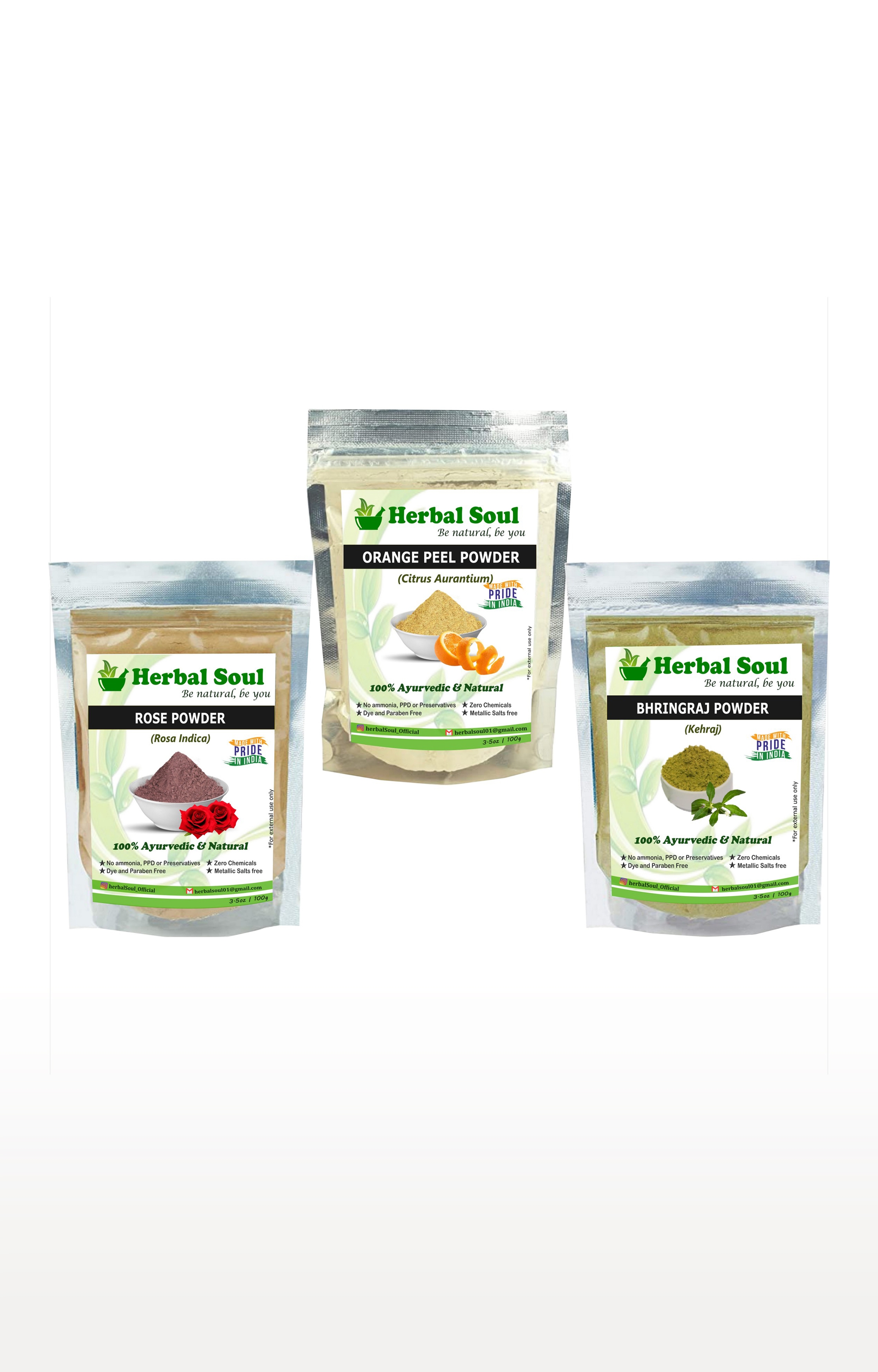 Herbal Soul | Herbal Soul Combo Of Rose Powder + Orange Peel  Powder + Bhringraj  Powder | 300 gm