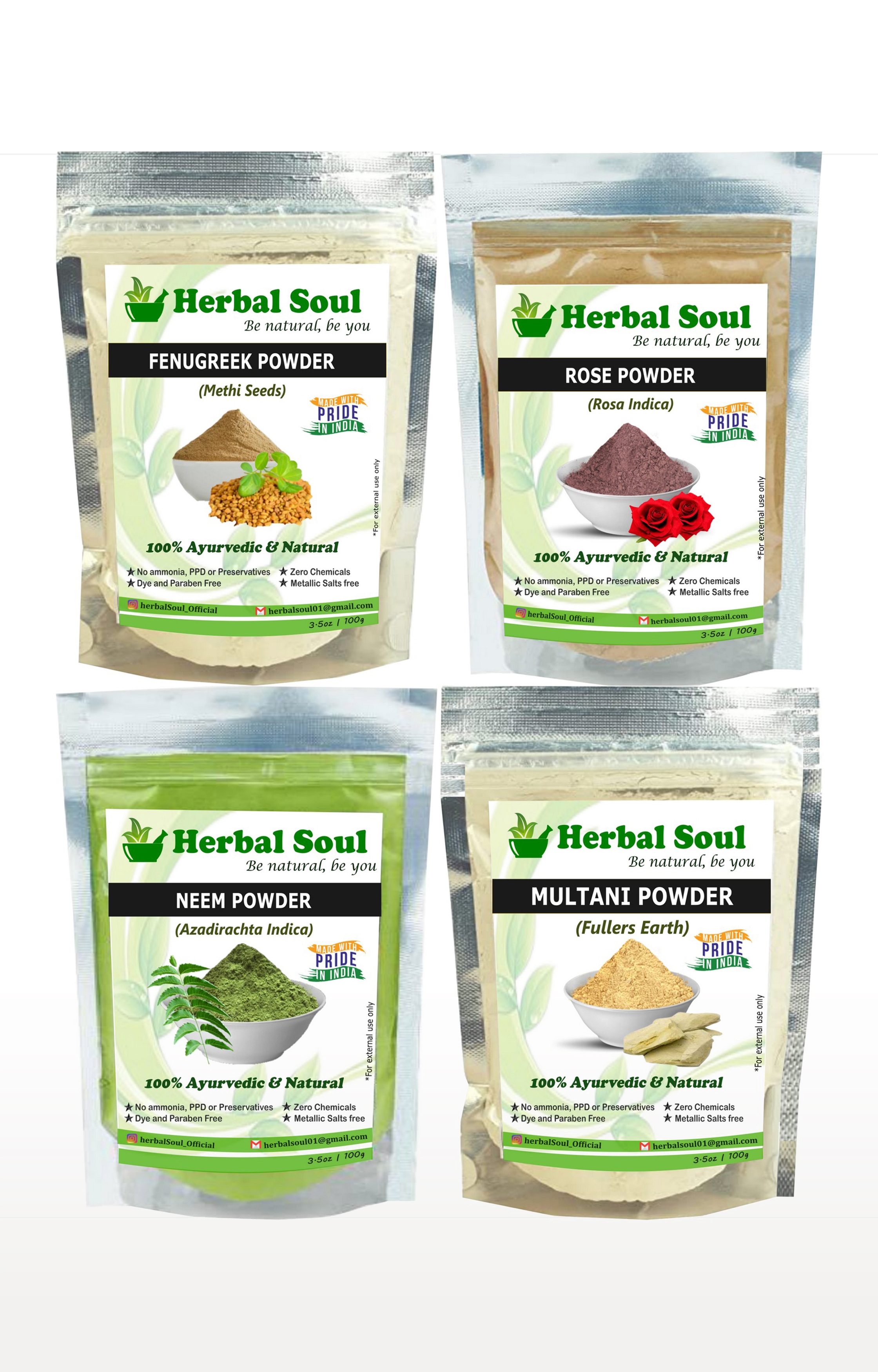 Herbal Soul | Herbal Soul Combo Of Neem  Powder + Multani  Powder + Rose Powder + Fenugreek  Powder | 400 gm