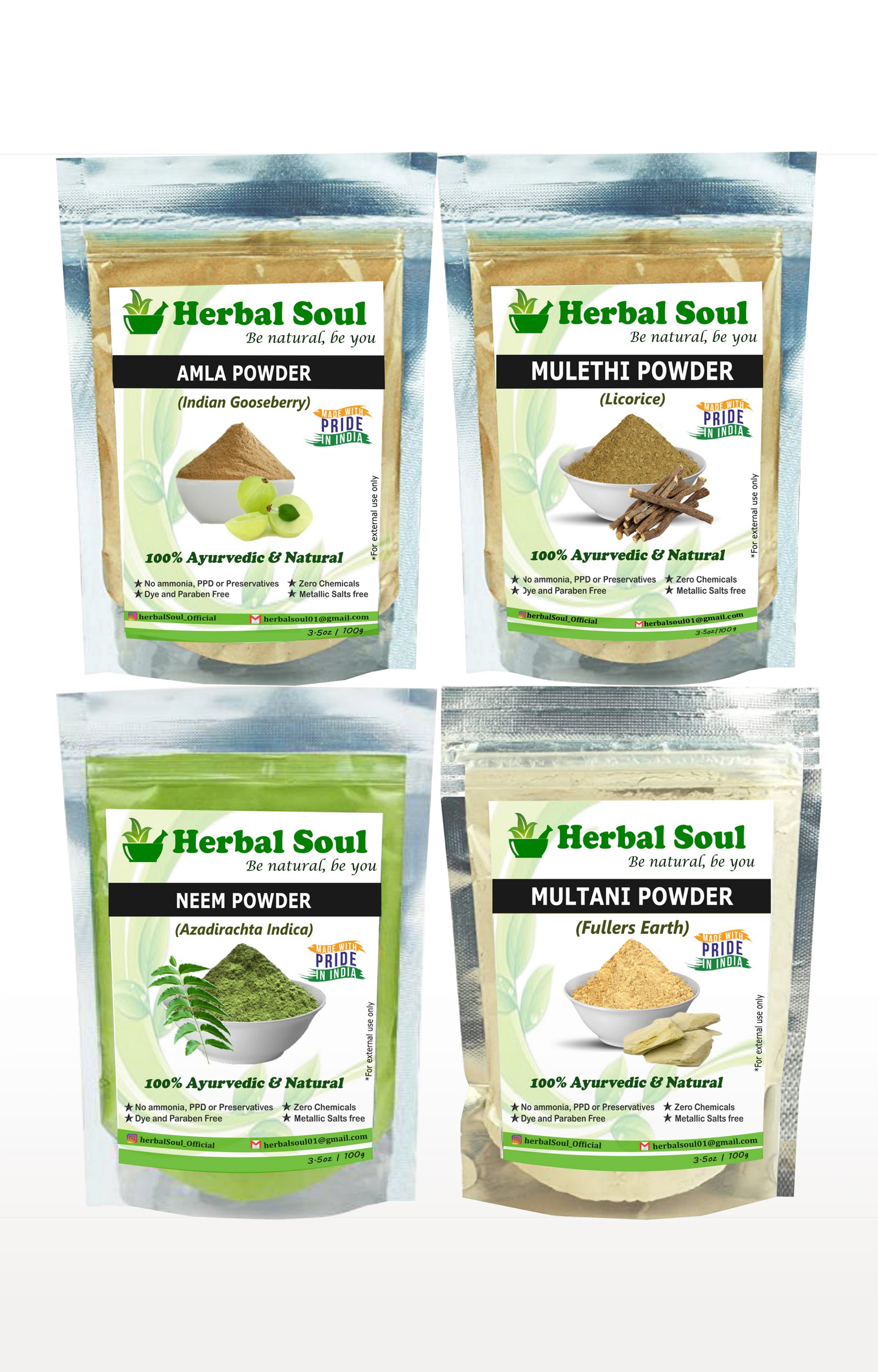 Herbal Soul Combo Of Neem  Powder + Multani  Powder + Mulethi  Powder + Amla  Powder | 400 gm