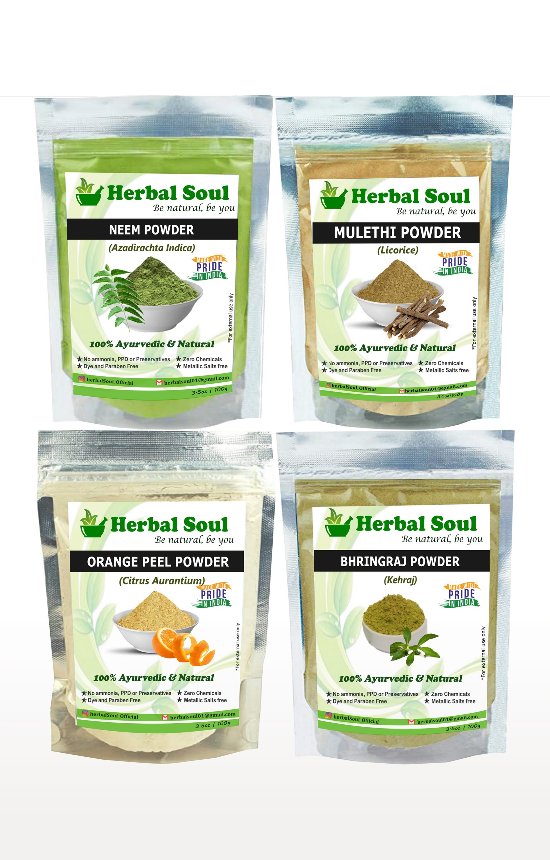 Herbal Soul Combo Of Neem  Powder + Orange Peel  Powder + Mulethi  Powder + Bhringraj  Powder | 400 gm