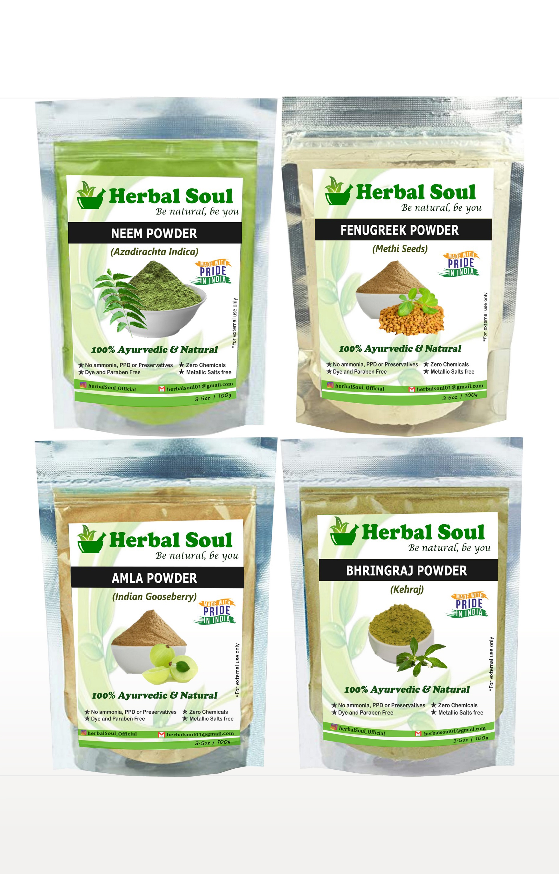 Herbal Soul | Herbal Soul Combo Of Neem  Powder + Bhringraj  Powder + Amla  Powder + Fenugreek  Powder | 400 gm