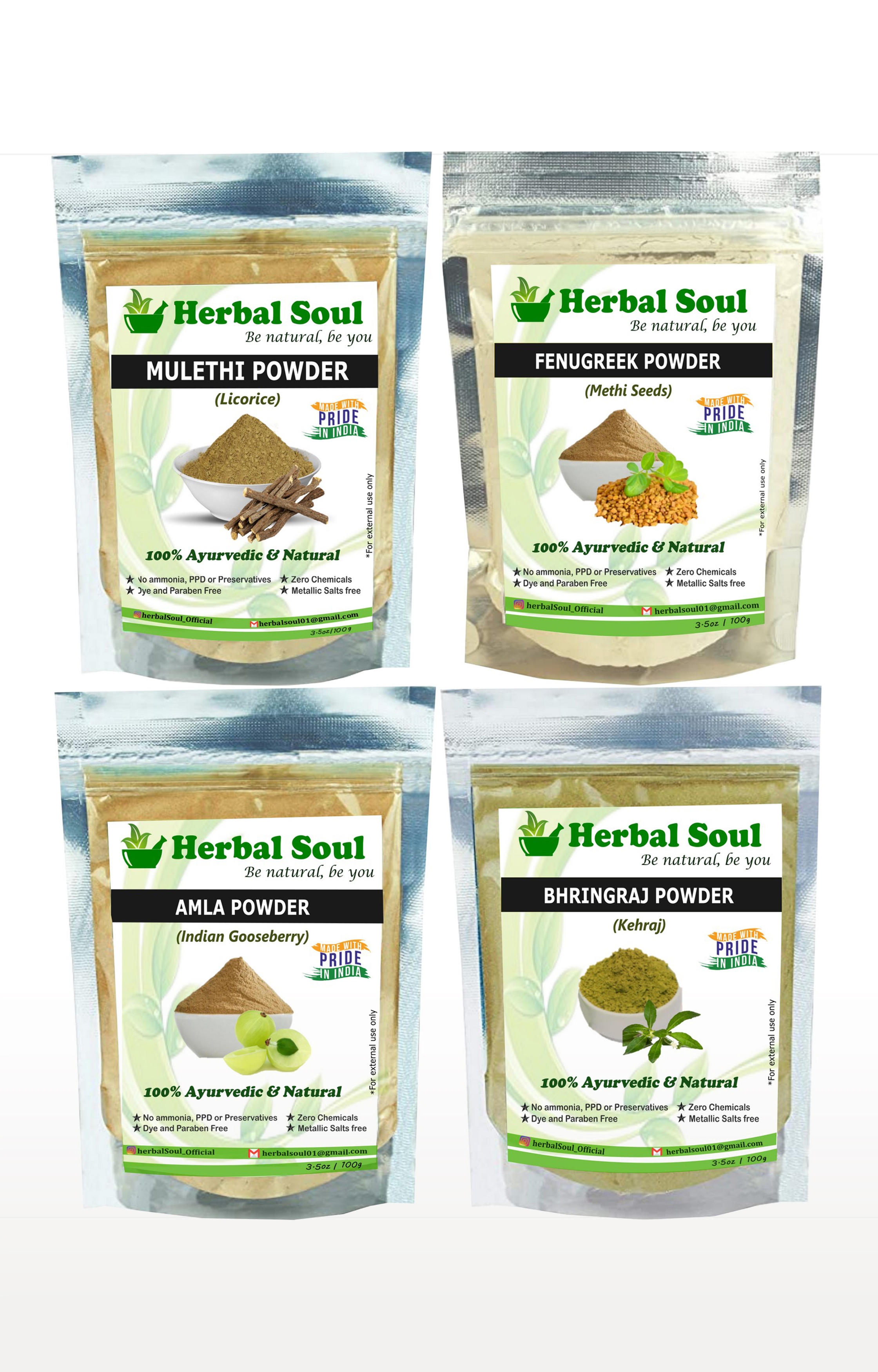 Herbal Soul | Herbal Soul Combo Of Mulethi  Powder + Bhringraj  Powder + Amla  Powder + Fenugreek  Powder | 400 gm