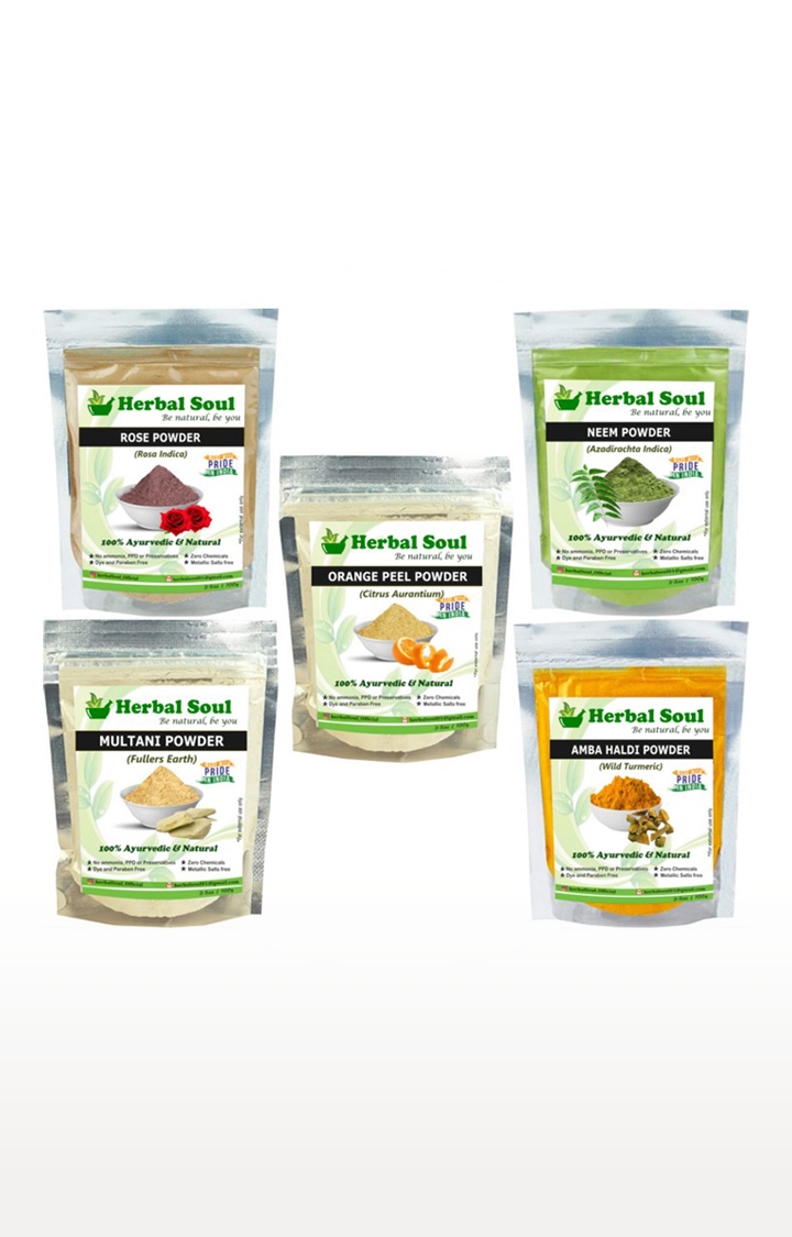Herbal Soul | Herbal Soul Combo Of Neem  Powder + Multani  Powder + Rose Powder + Orange Peel  Powder + Amba Haldi  Powder | 500 gm