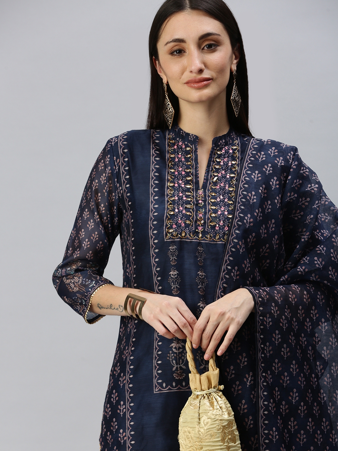 Showoff | Showoff Women's Navy Blue Floral Kurta and Trouser With Dupatta