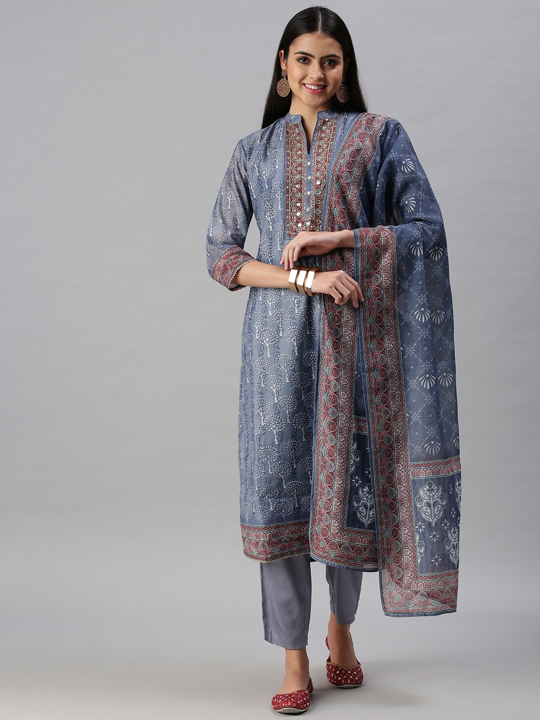 Showoff Women's Knee Length Straight Blue Kurta and Trousers With Dupatta