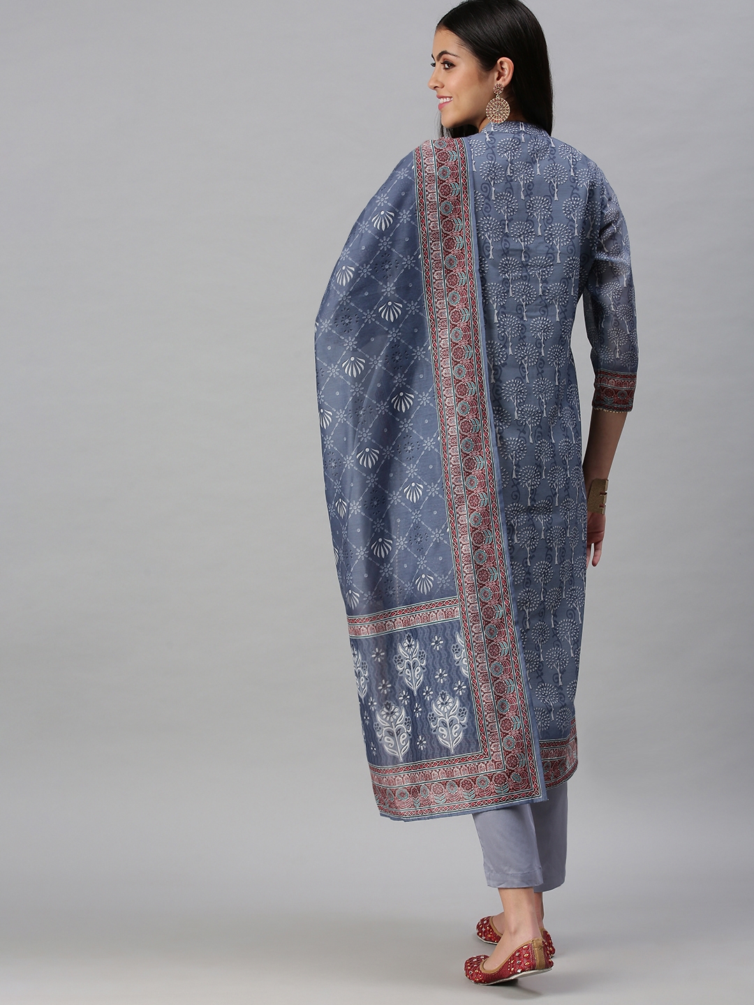 Showoff Women's Knee Length Straight Blue Kurta and Trousers With Dupatta
