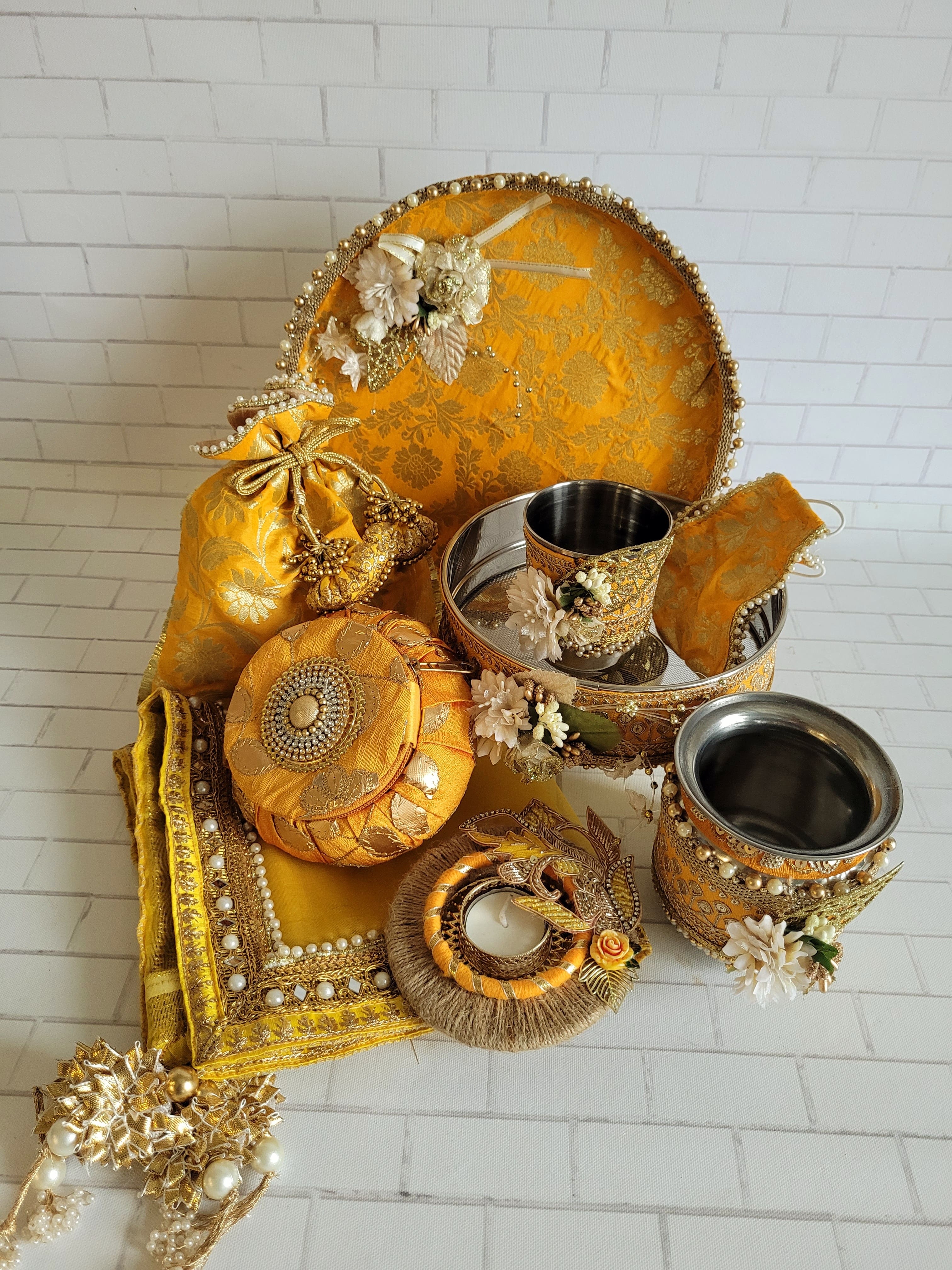 Yellow & Gold Floral Brocade Karva Chauth Thali Set