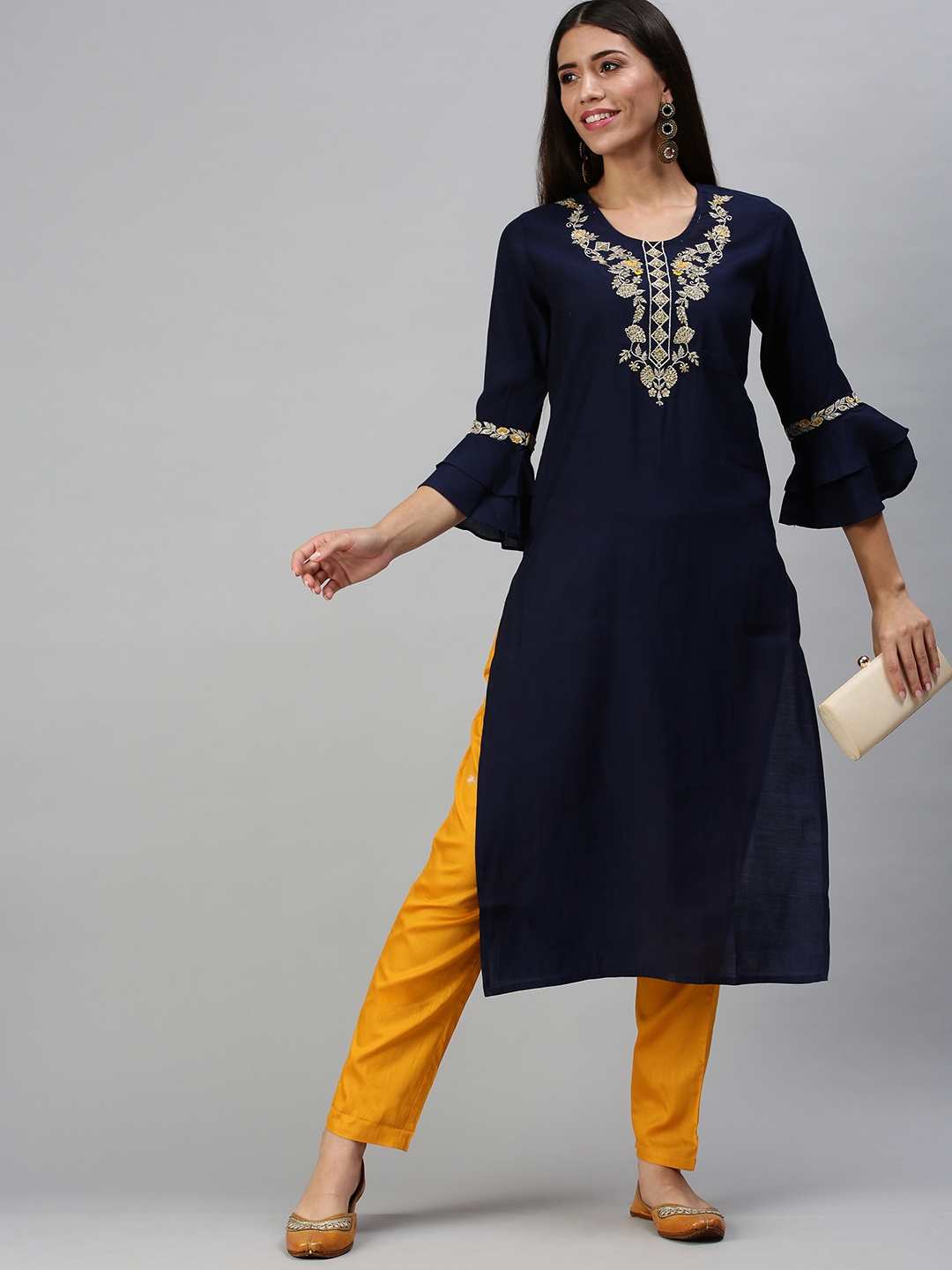Showoff | Showoff Women's Navy Blue Straight Calf Length Kurta and Trousers  4