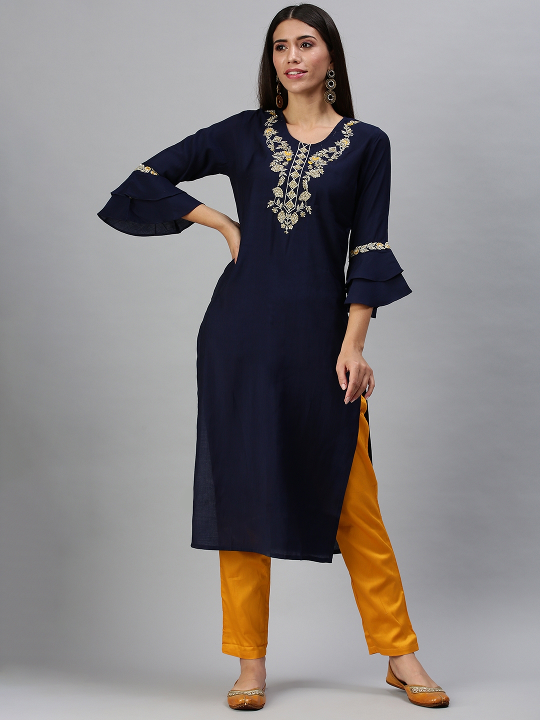 Showoff | Showoff Women's Navy Blue Straight Calf Length Kurta and Trousers  1