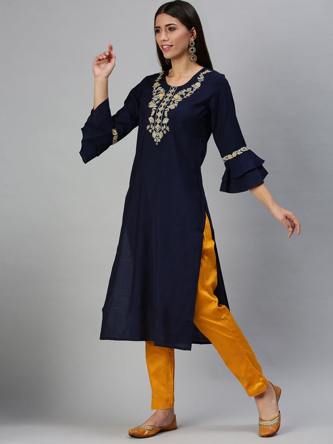 Showoff | Showoff Women's Navy Blue Straight Calf Length Kurta and Trousers  2