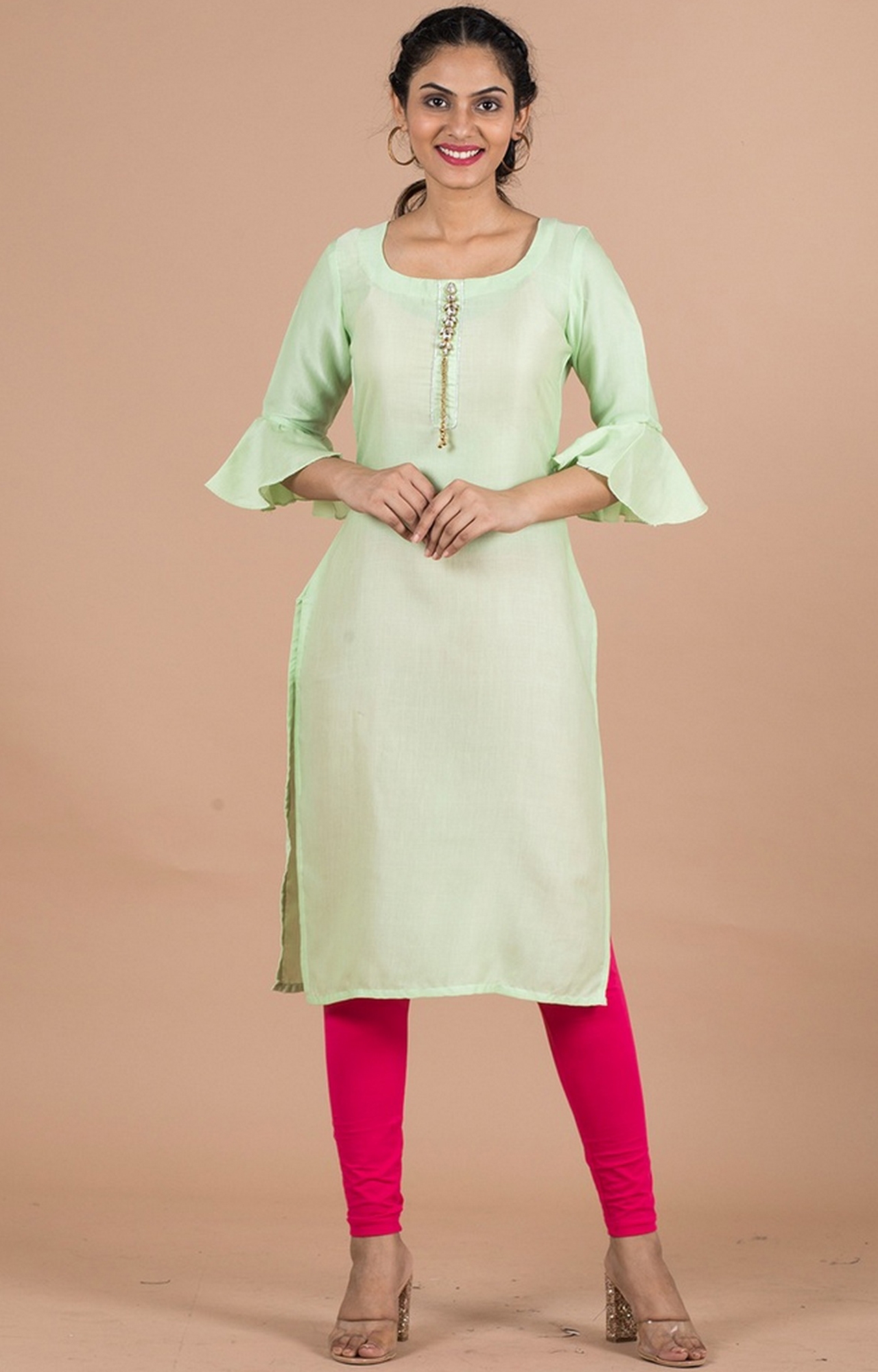 becoming | Becoming Women’S Front Brooch Ruffle Sleeves Straight Kurti