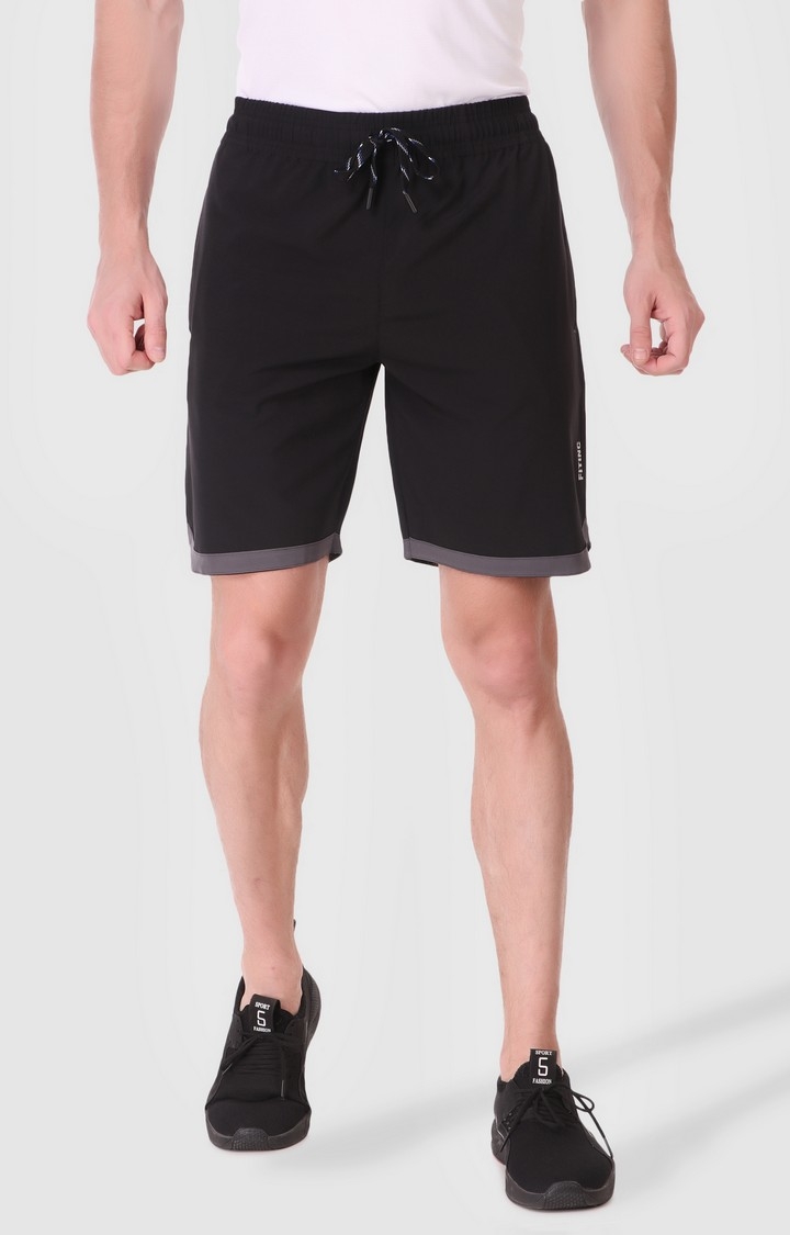 Fitinc | Men's Black Polyester Solid Activewear Shorts